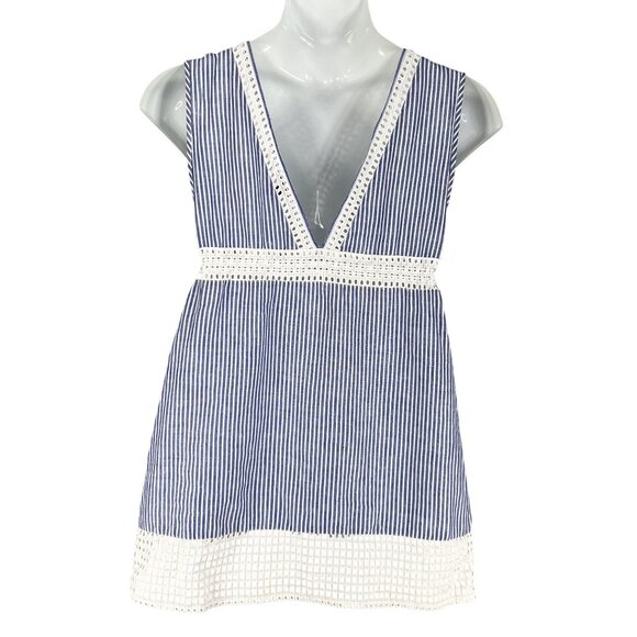 J Crew Women M 60% Linen Swim Dress Striped Eyelet Lace Tassel Drawstring Beachy - Picture 2 of 14